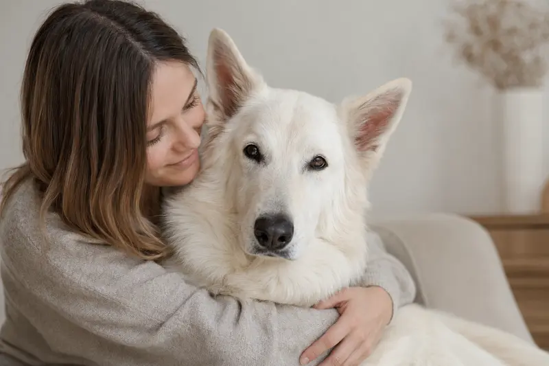 Emotionale Nahaufnahme eines weissen Schweizer Schaeferhundes mit aufmerksamem Blick und weichem, natürlichem Licht.